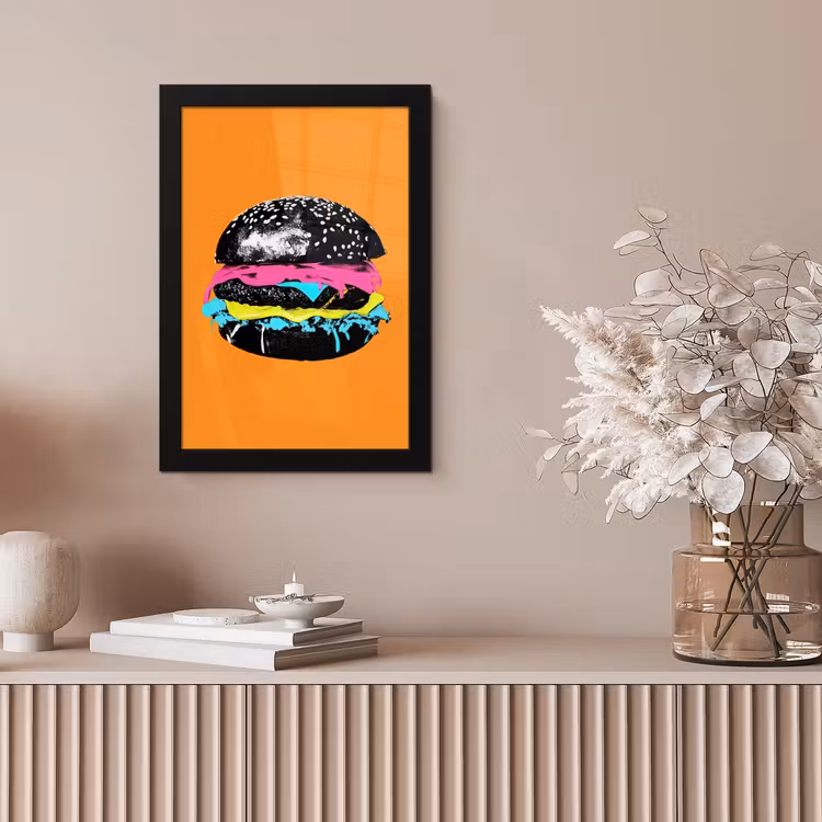 Hamburger - Oranje - Neon - popart fotolijst zwart zonder passe partout klein -sfeer5