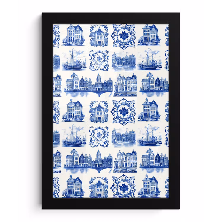 Huizen - Schepen - Blauw fotolijst zwart zonder passe partout klein 224 -3d
