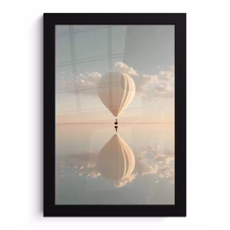 Luchtballon - Wolken - Water - Blauw fotolijst zwart zonder passe partout klein -3d