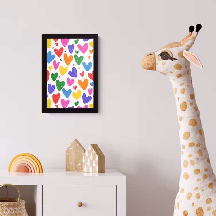 Hartjes - Patroon - Kleurrijk - Tekening fotolijst zwart zonder passe partout klein -usfeer4_kinderkamer