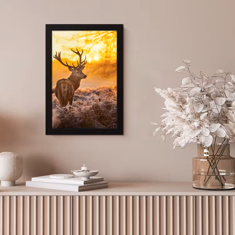 Hert - Dieren - Zonsondergang - Winter - Heide - Natuur fotolijst zwart zonder passe partout klein -sfeer5