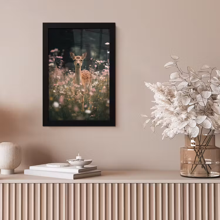 Hert - Wilde bloemen - Bos fotolijst zwart zonder passe partout klein -sfeer5