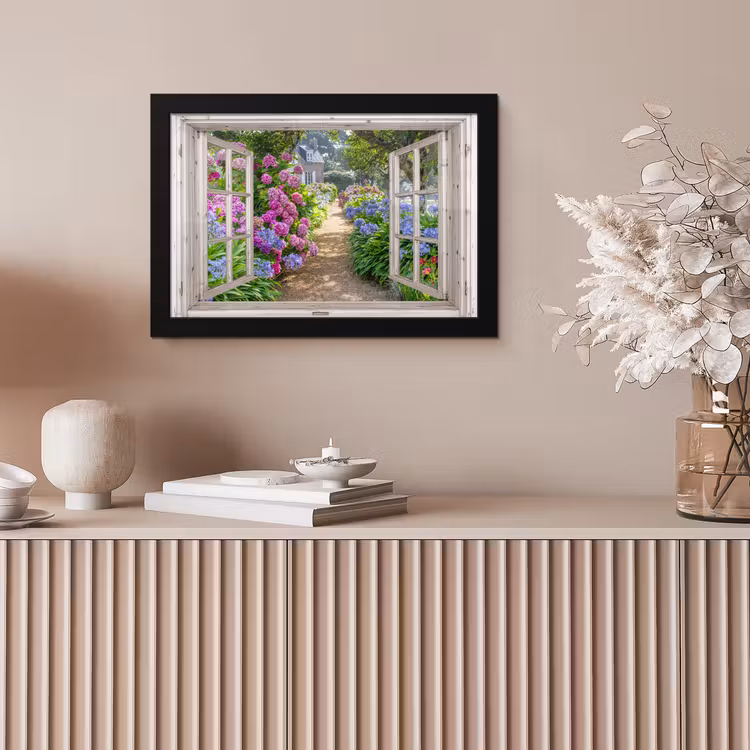 Hortensia - Doorkijk - Bloemen - Zomer - Paars - Pad fotolijst zwart zonder passe partout klein -sfeer5