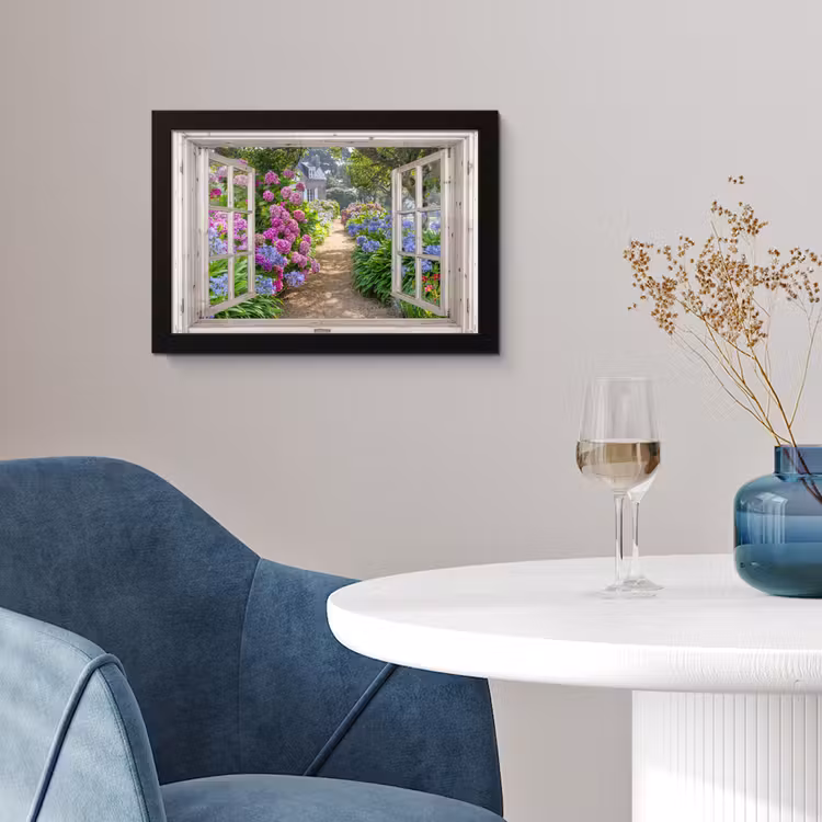 Hortensia - Doorkijk - Bloemen - Zomer - Paars - Pad fotolijst zwart zonder passe partout klein -sfeer4