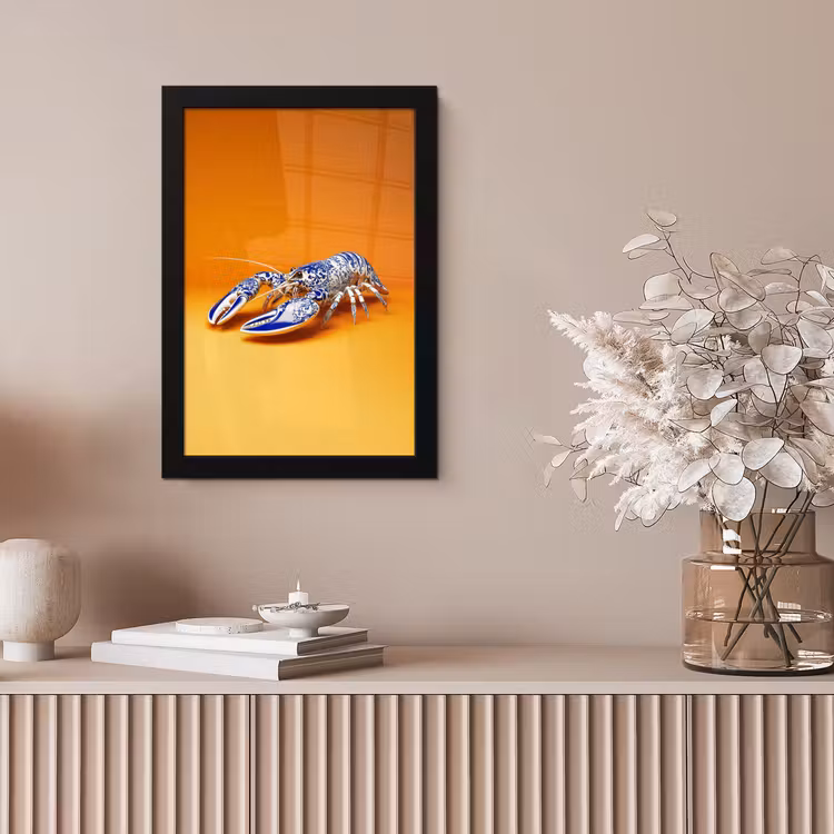 Kreeft - Delftsblauw - Schild - Stoer - Oranje fotolijst zwart zonder passe partout klein -sfeer5