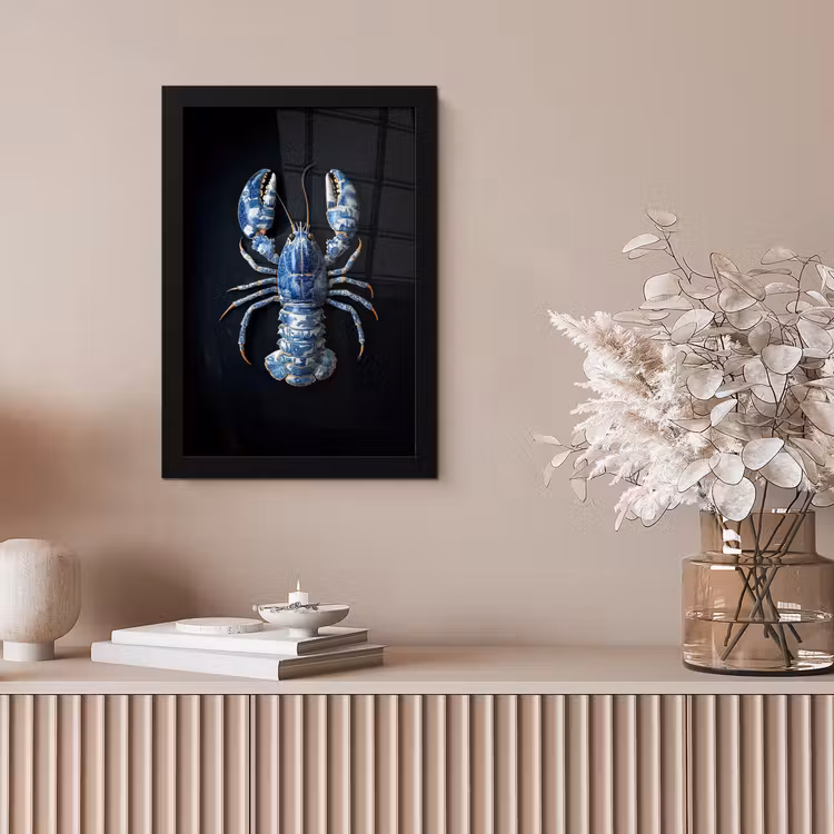 Kreeft - Delftsblauw - Schild - Stoer fotolijst zwart zonder passe partout klein -sfeer5