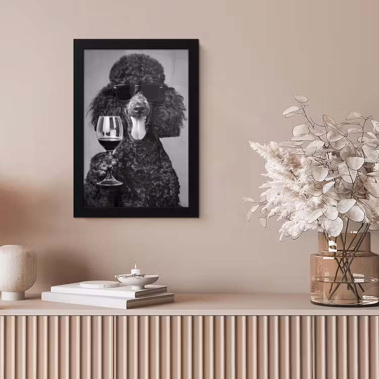 Hond - Krullen - Zonnebril - Wijn fotolijst zwart zonder passe partout klein -sfeer5