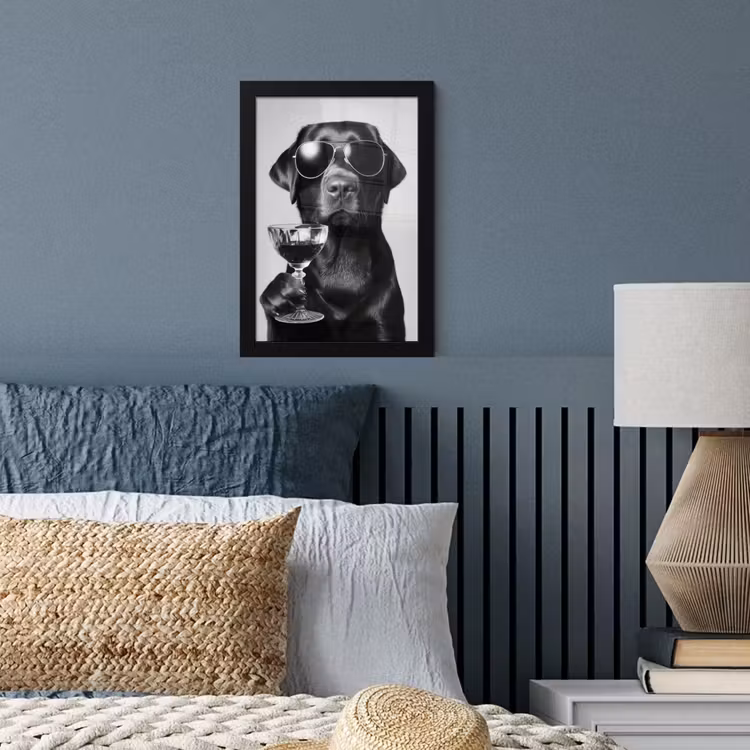 Hond - Zwart - Wijnglas - Zonnebril fotolijst zwart zonder passe partout klein -sfeer3