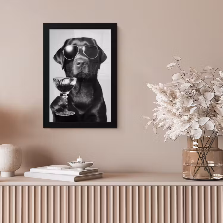 Hond - Zwart - Wijnglas - Zonnebril fotolijst zwart zonder passe partout klein -sfeer5
