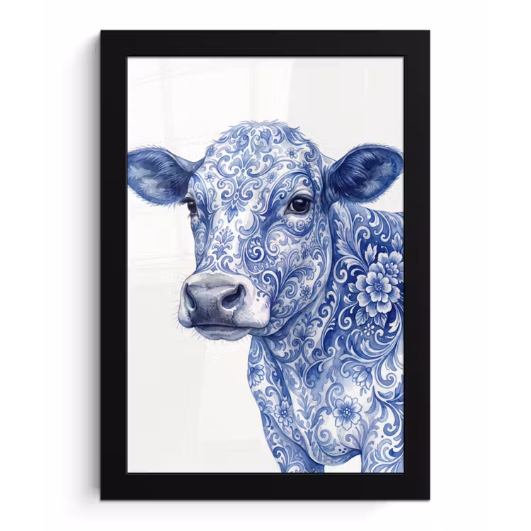 Illustratie - Koe - Blauw fotolijst zwart zonder passe partout klein -3d