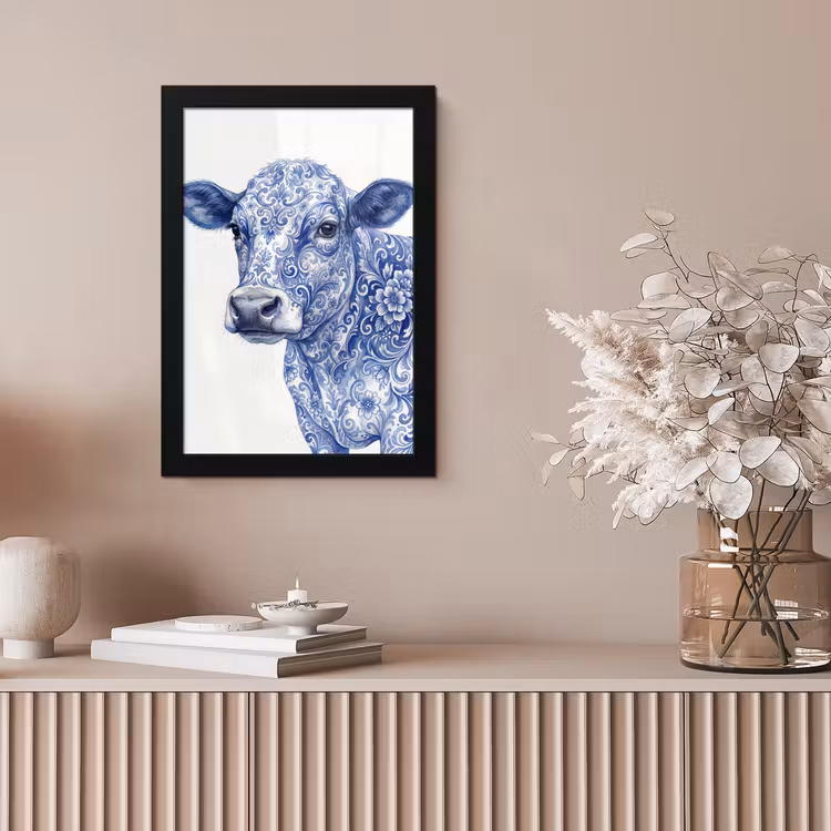 Illustratie - Koe - Blauw fotolijst zwart zonder passe partout klein -sfeer5