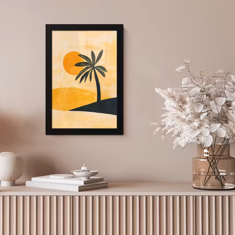 Illustratie - Palmboom - Zon - Heuvels fotolijst zwart zonder passe partout klein -sfeer5