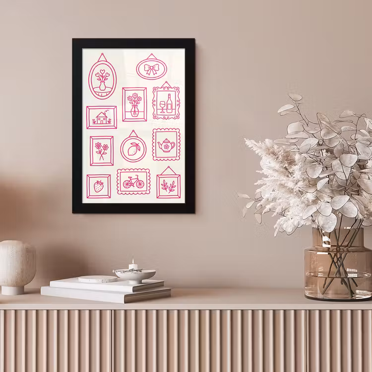 Illustratie - Collectie - Kunst - Minimalistisch - Roze fotolijst zwart zonder passe partout klein -sfeer5