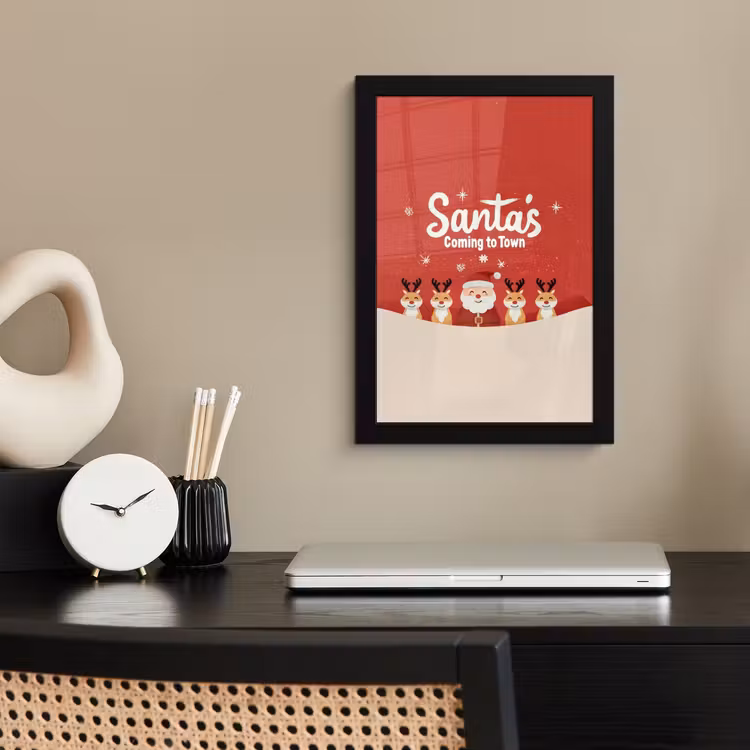 Illustratie - Kerstman - Rendieren - Rood fotolijst zwart zonder passe partout klein -sfeer1