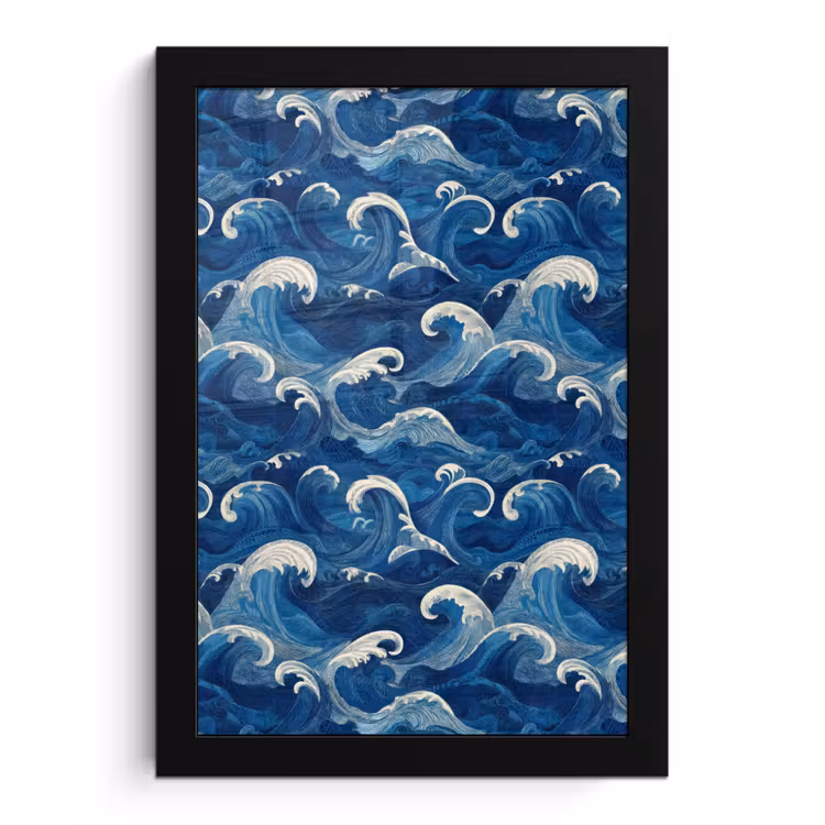 Japans - Oceaan - Golven - Blauw fotolijst zwart zonder passe partout klein 224 -3d