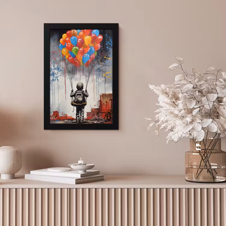 Jongen - Ballonnen - Gebouwen - Kunst fotolijst zwart zonder passe partout klein -sfeer5