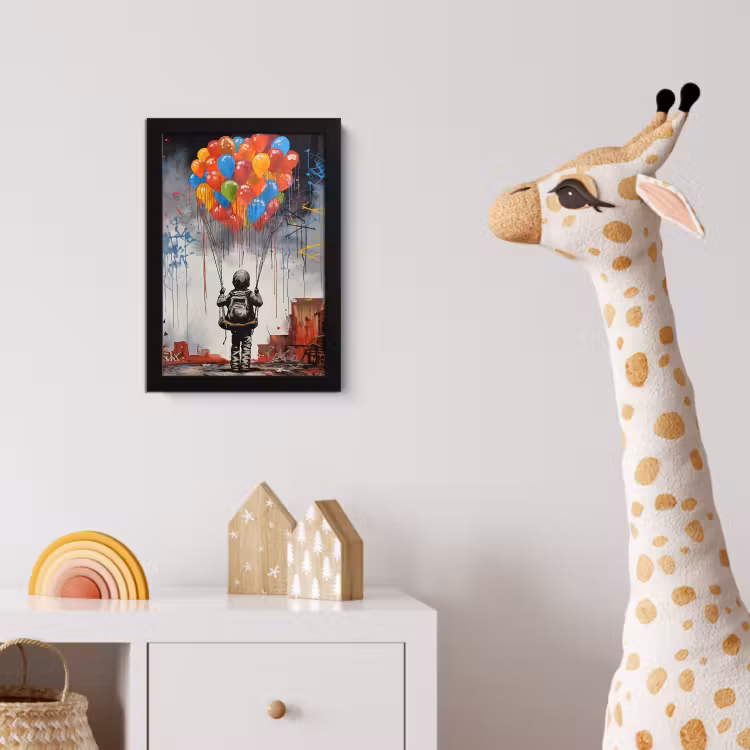 Jongen - Ballonnen - Gebouwen - Kunst fotolijst zwart zonder passe partout klein -usfeer4_kinderkamer