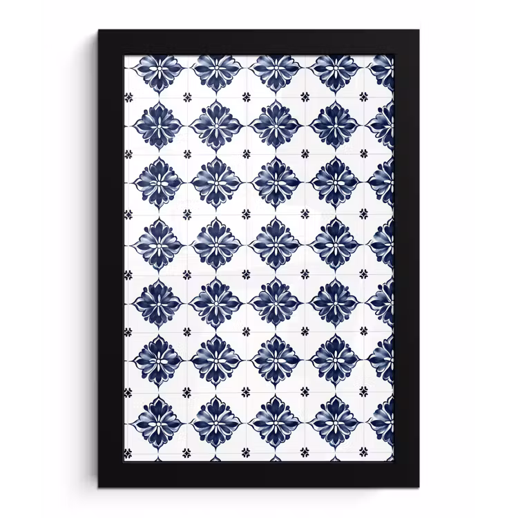 Tegelmotief - Blauw - Wit - Bloem fotolijst zwart zonder passe partout klein 224 -3d