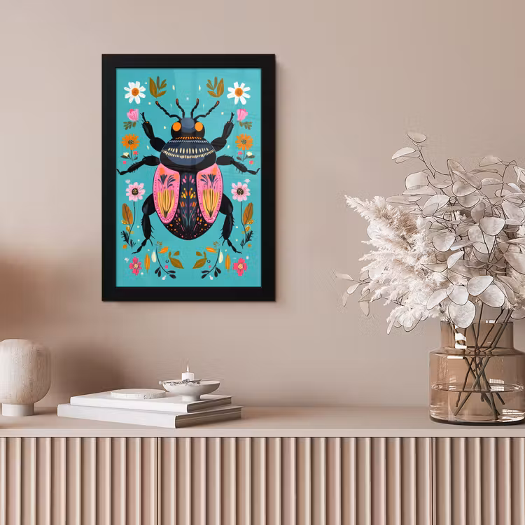 Kever - Bloemmotieven - Turquoise - Bladeren fotolijst zwart zonder passe partout klein -sfeer5