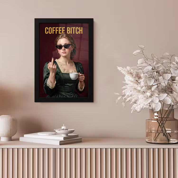 Koffie - Vrouw - Middelvinger fotolijst zwart zonder passe partout klein -sfeer5