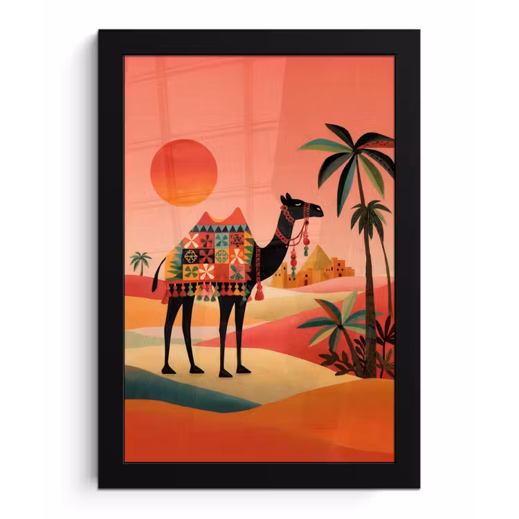 Kameel - Gekleurd tapijt - Duinen - Rode zon fotolijst zwart zonder passe partout klein -3d
