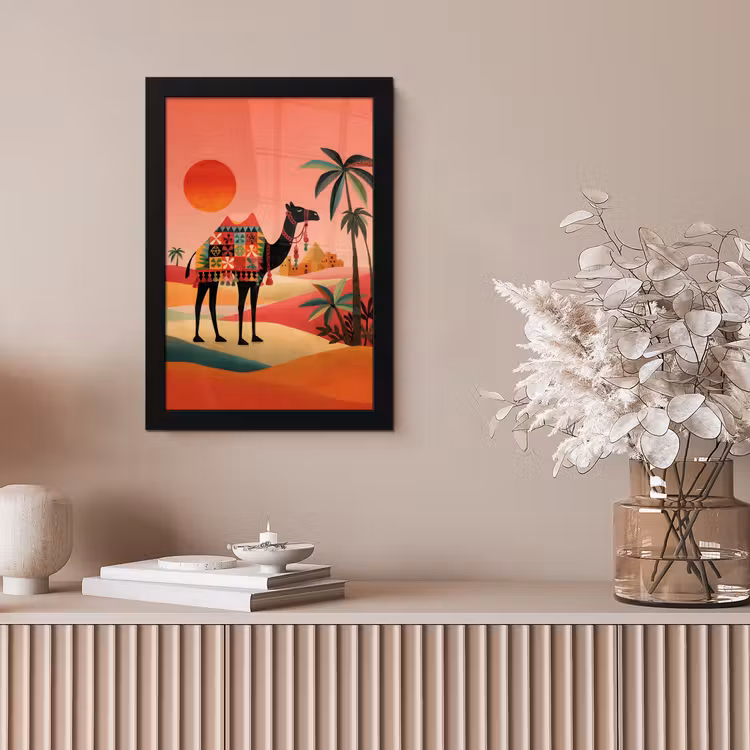 Kameel - Gekleurd tapijt - Duinen - Rode zon fotolijst zwart zonder passe partout klein -sfeer5