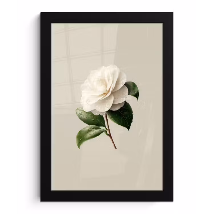 Cameliabloem - Wit - Groen fotolijst zwart zonder passe partout klein -3d
