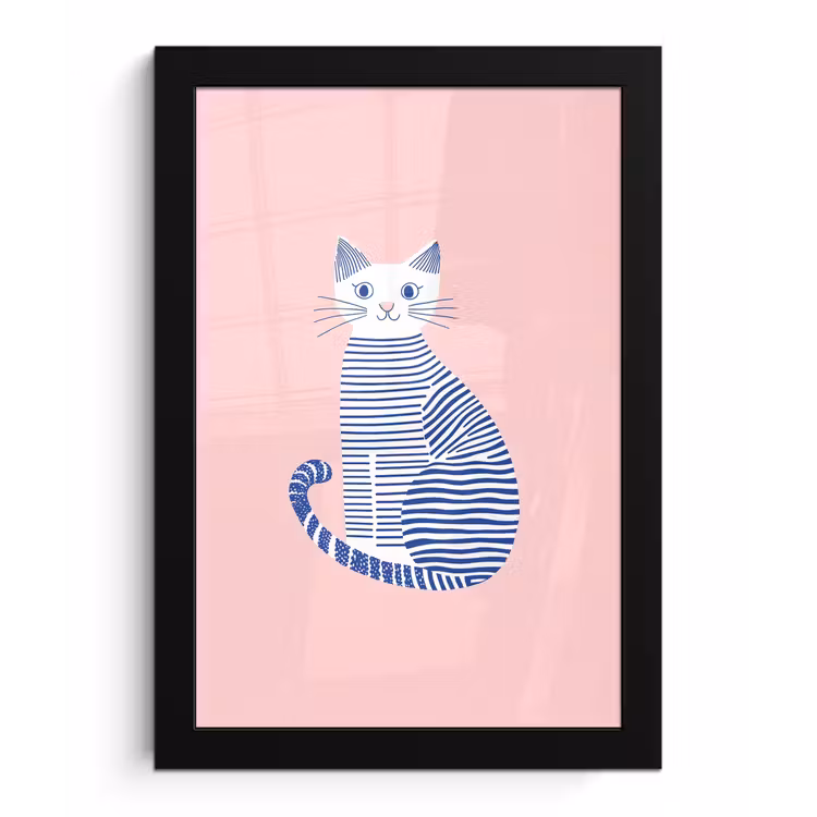 Kat - Illustratie - Minimalistisch - Roze fotolijst zwart zonder passe partout klein -3d