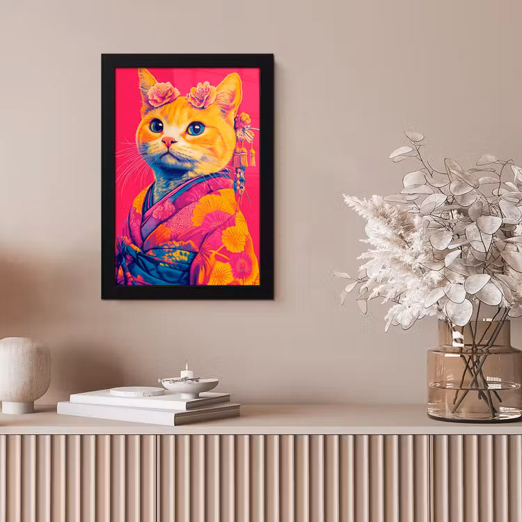 Kat - Kimono - Bloemen - Roze fotolijst zwart zonder passe partout klein -sfeer5