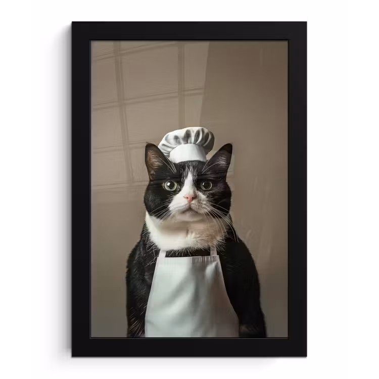 Kat - Kokskleding - Zwart - Wit fotolijst zwart zonder passe partout klein -3d