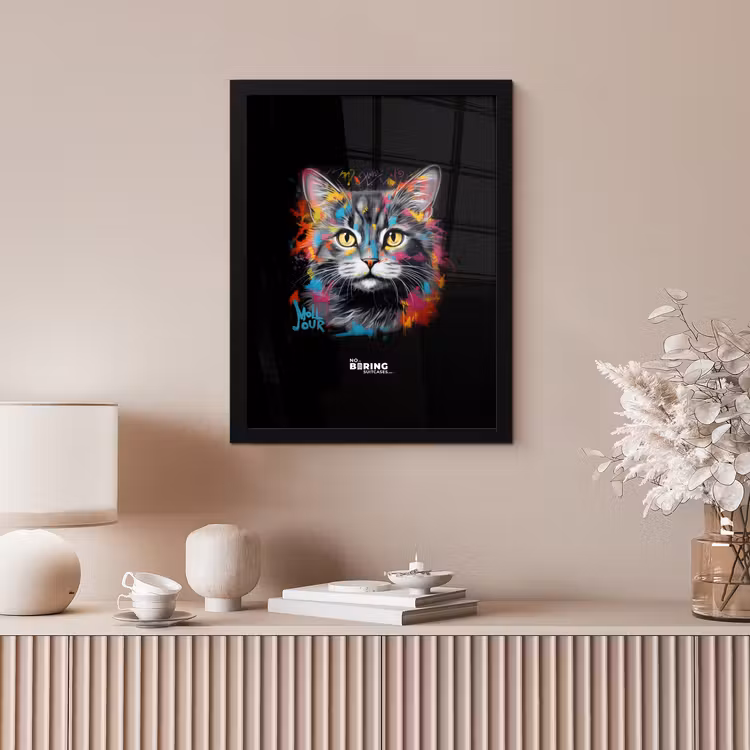 Kat met kleurrijke penseelstreken fotolijst zwart zonder passe partout klein -sfeer5