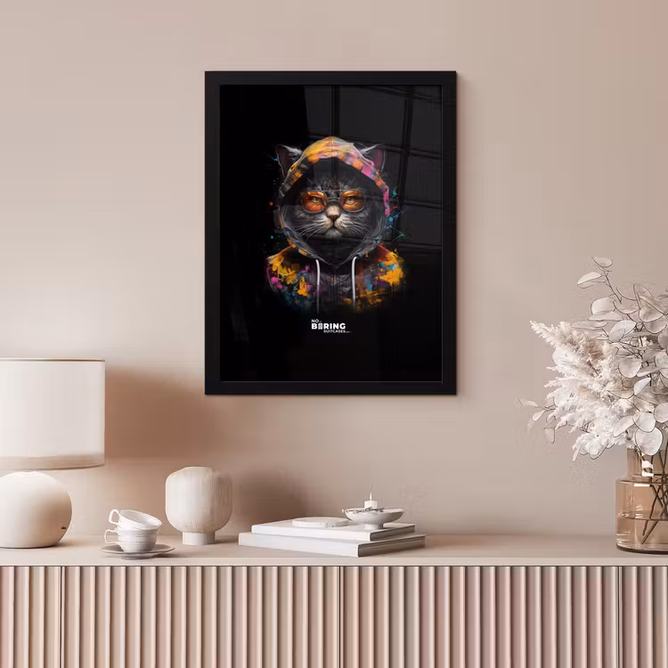 Kat met kleurrijk vest en oranje bril fotolijst zwart zonder passe partout klein -sfeer5
