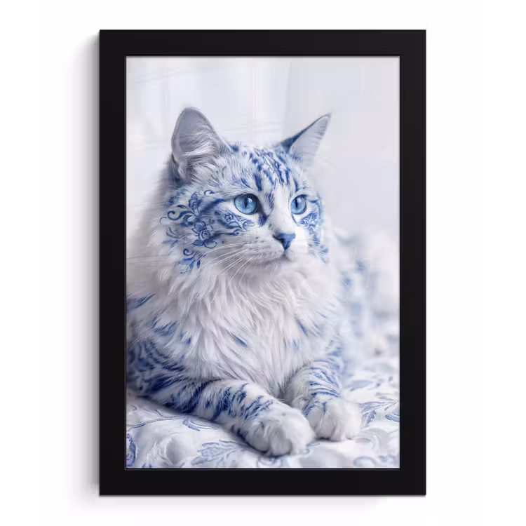 Kat - Patroon - Blauw fotolijst zwart zonder passe partout klein -3d