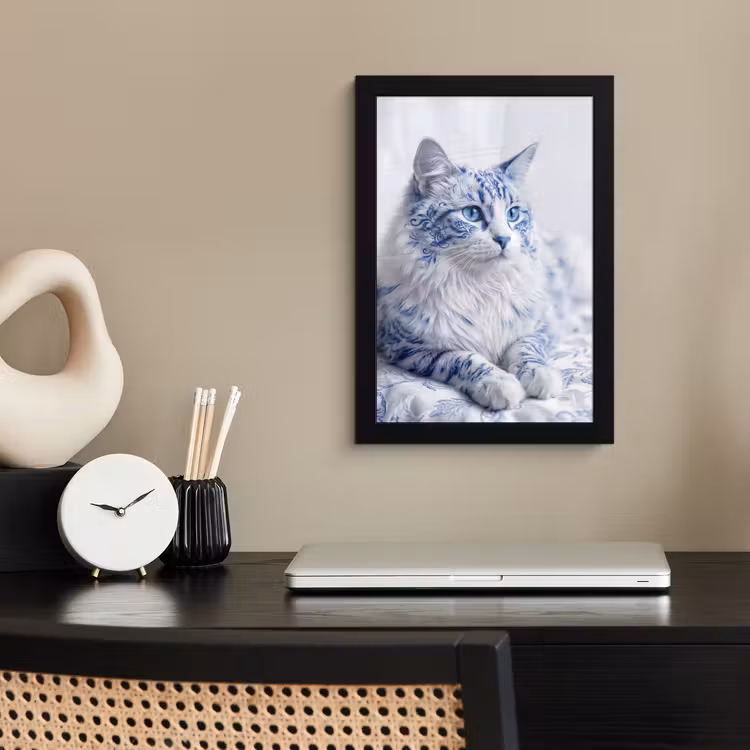 Kat - Patroon - Blauw fotolijst zwart zonder passe partout klein -sfeer1