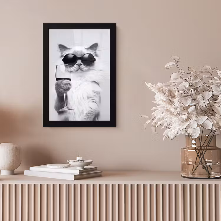 Kat - Zonnebril - Wijnglas - Langharig fotolijst zwart zonder passe partout klein -sfeer5