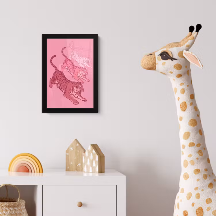 Kat - Springend - Dieren - Roze - Modern fotolijst zwart zonder passe partout klein -usfeer4_kinderkamer