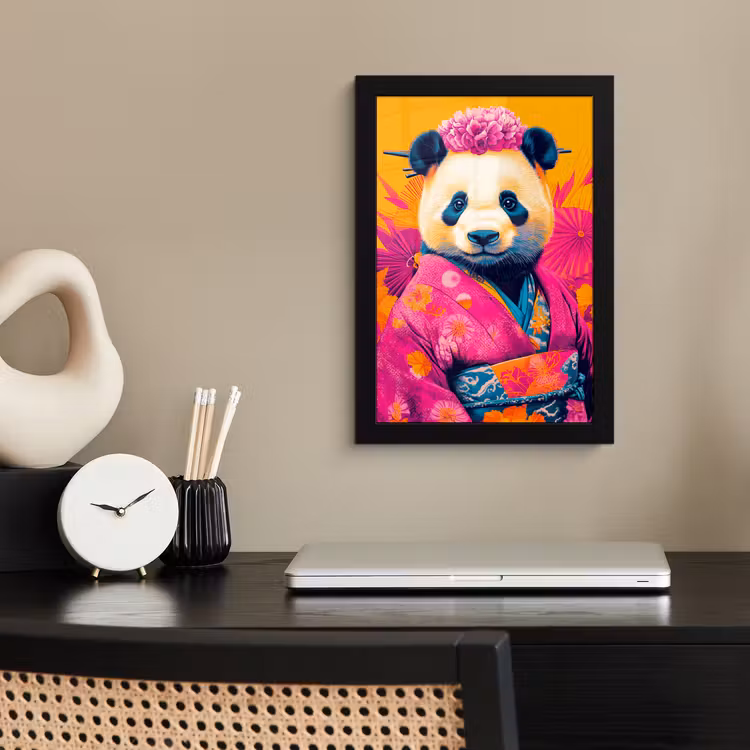 Kimono - Roze - Panda - Bloemenkroon fotolijst zwart zonder passe partout klein -sfeer1