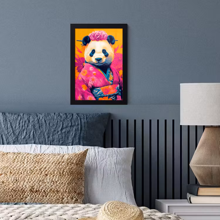 Kimono - Roze - Panda - Bloemenkroon fotolijst zwart zonder passe partout klein -sfeer3