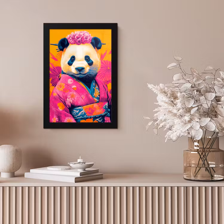 Kimono - Roze - Panda - Bloemenkroon fotolijst zwart zonder passe partout klein -sfeer5