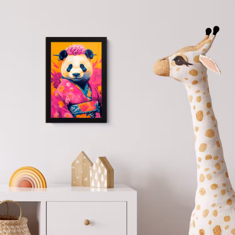 Kimono - Roze - Panda - Bloemenkroon fotolijst zwart zonder passe partout klein -usfeer4_kinderkamer