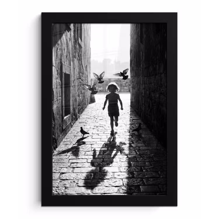 Kind - Vogel - Straat - Zwart-wit - Spelen fotolijst zwart zonder passe partout klein -3d