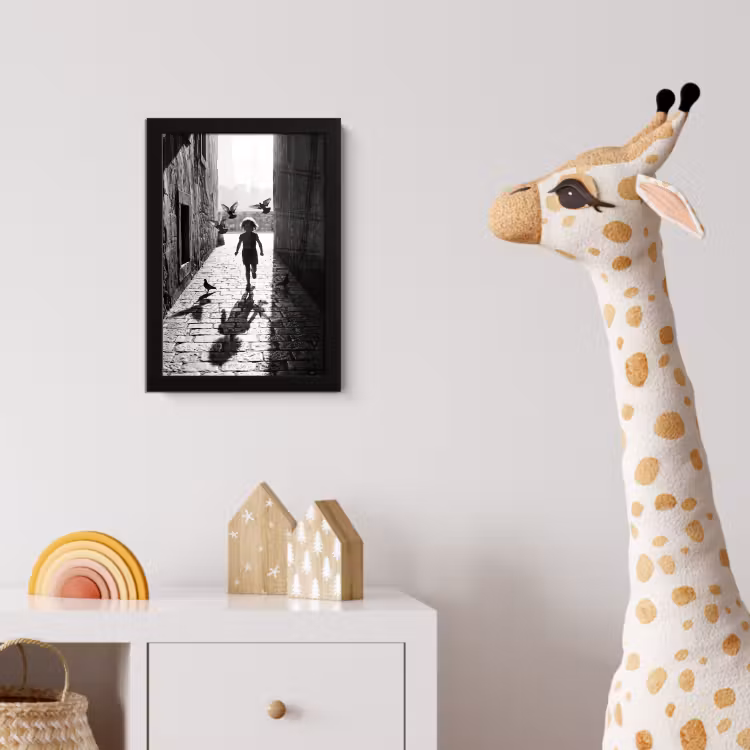 Kind - Vogel - Straat - Zwart-wit - Spelen fotolijst zwart zonder passe partout klein -usfeer4_kinderkamer