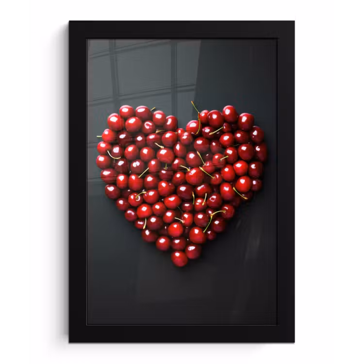 Kersen - Hart - Rood - Zwart fotolijst zwart zonder passe partout klein -3d