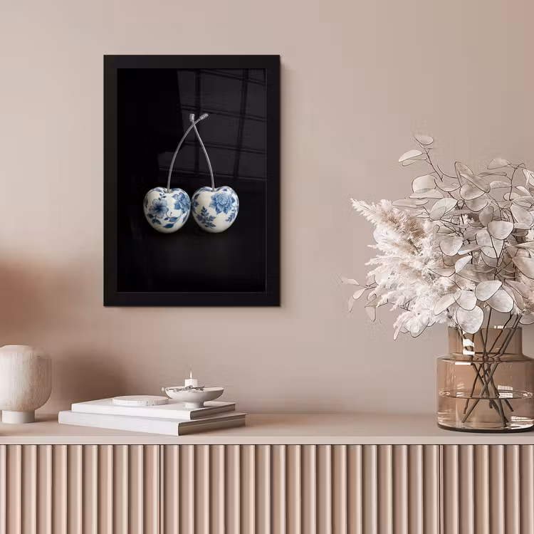 Kersen - Delfts blauw - Fruit fotolijst zwart zonder passe partout klein -sfeer5