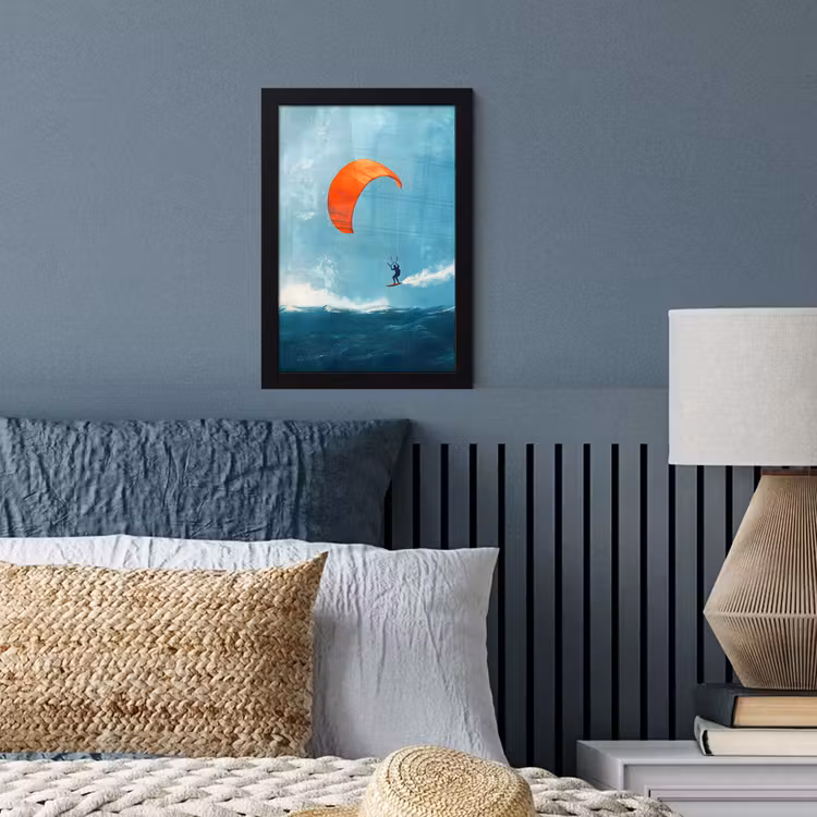 Kitesurfer - Oranje - Zee - Lucht fotolijst zwart zonder passe partout klein -sfeer3