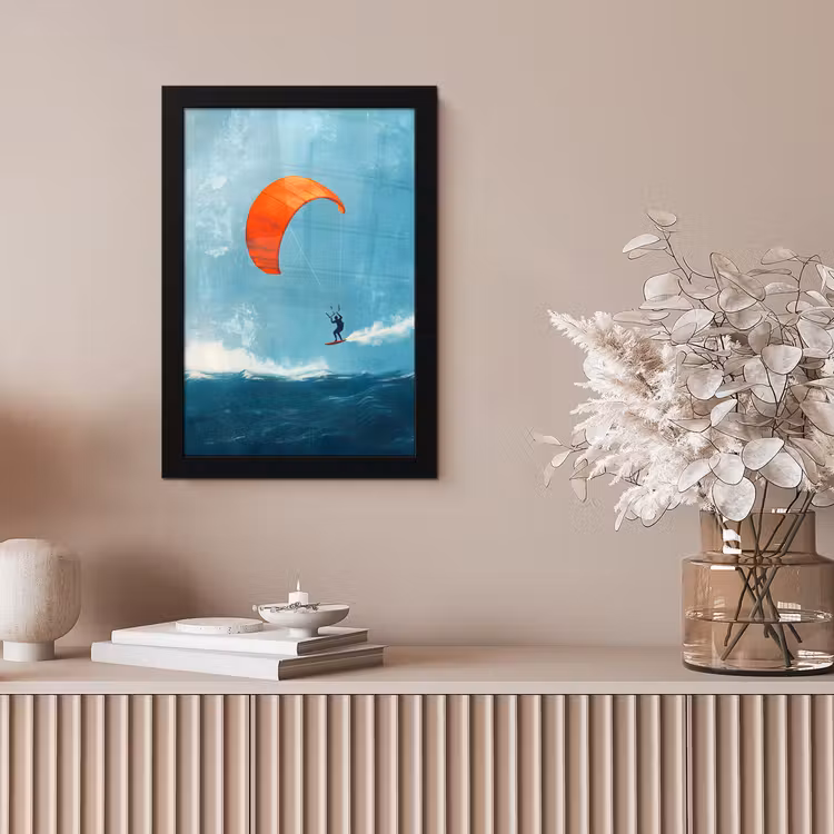 Kitesurfer - Oranje - Zee - Lucht fotolijst zwart zonder passe partout klein -sfeer5