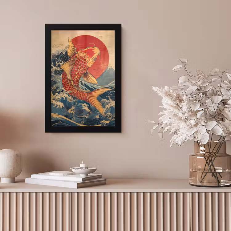 Koi - Zee - Golven - Zon fotolijst zwart zonder passe partout klein -sfeer5