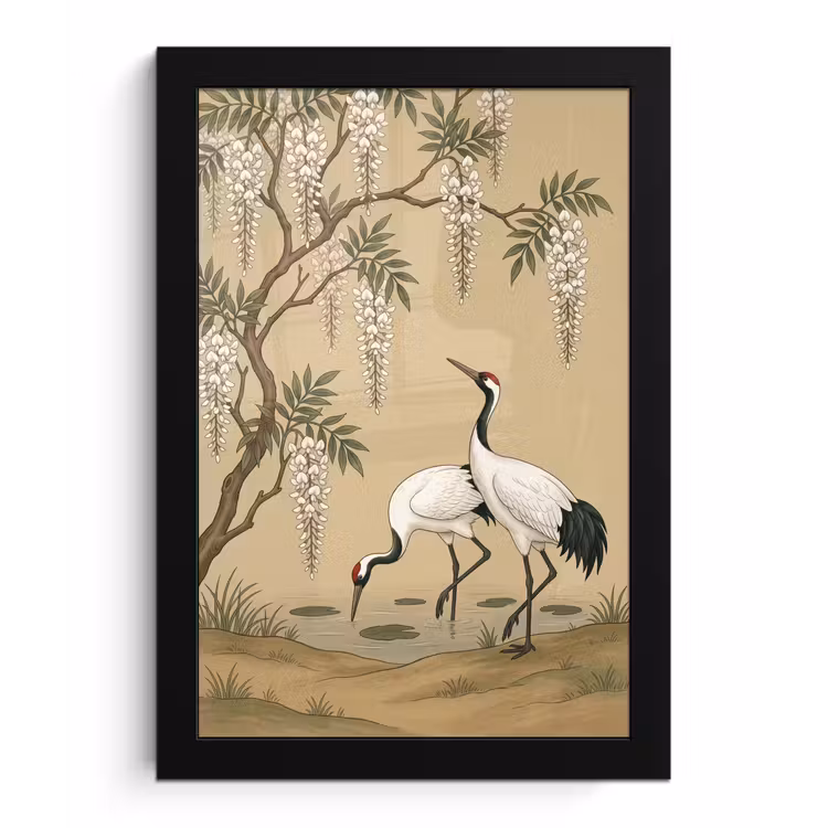 Kraanvogels - Water - Beige fotolijst zwart zonder passe partout klein -3d