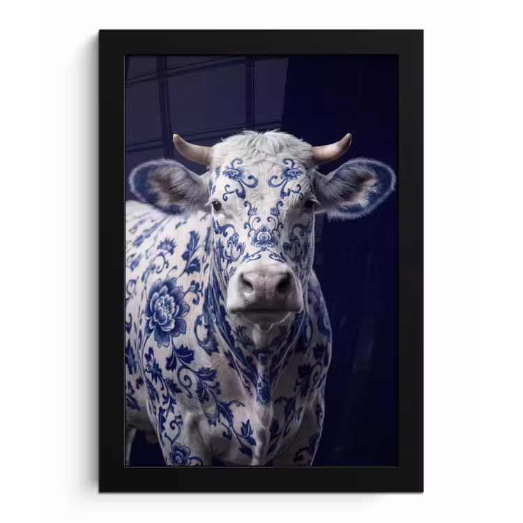 Koe - Delfts - Blauw - Artistiek fotolijst zwart zonder passe partout klein -3d