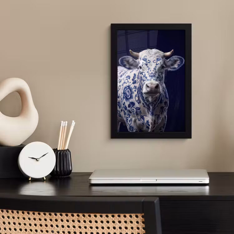 Koe - Delfts - Blauw - Artistiek fotolijst zwart zonder passe partout klein -sfeer1